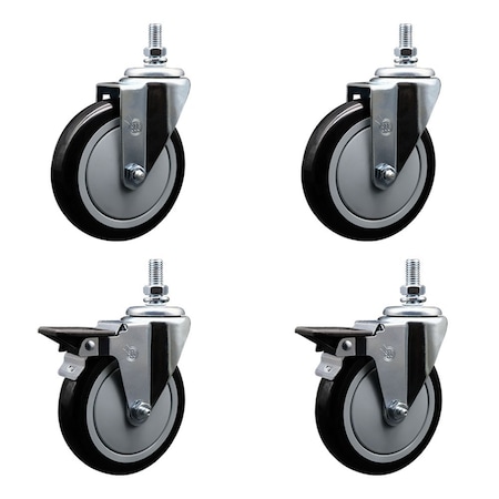 Service Caster 5 Inch Black Polyurethane 10 MM Threaded Stem Caster Set 2 Brakes SCC SCC-TS20S514-PPUB-BLK-M1015-2-PLB-2